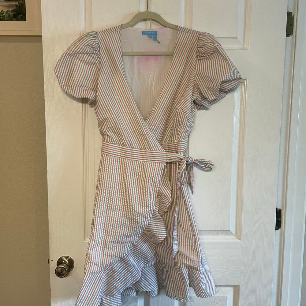 DRAPER JAMES RSVP Puff Sleeve Wrap Dress Ruffled Seersucker Striped Sz medium